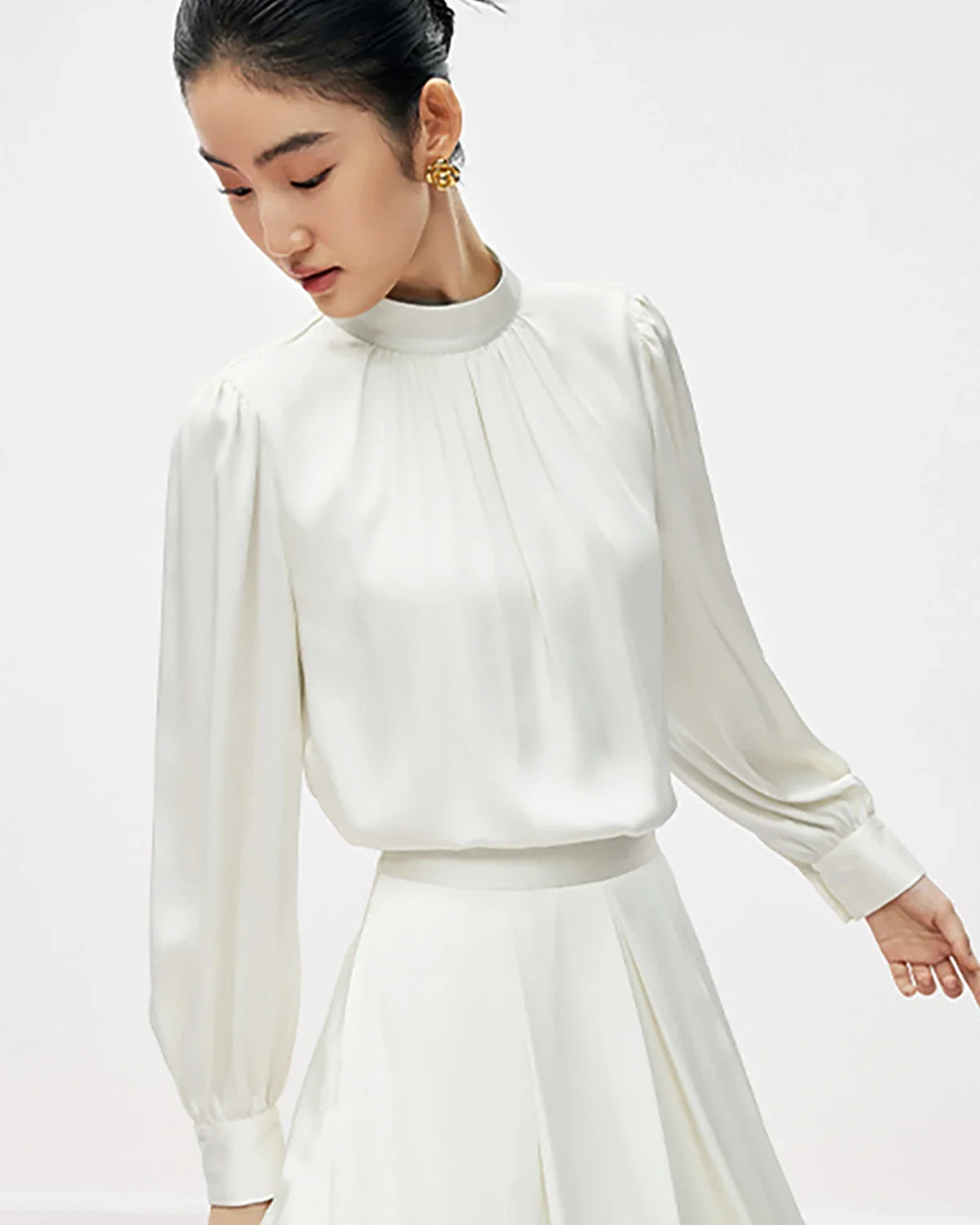 Mock Neck Pleated Silk Blouse