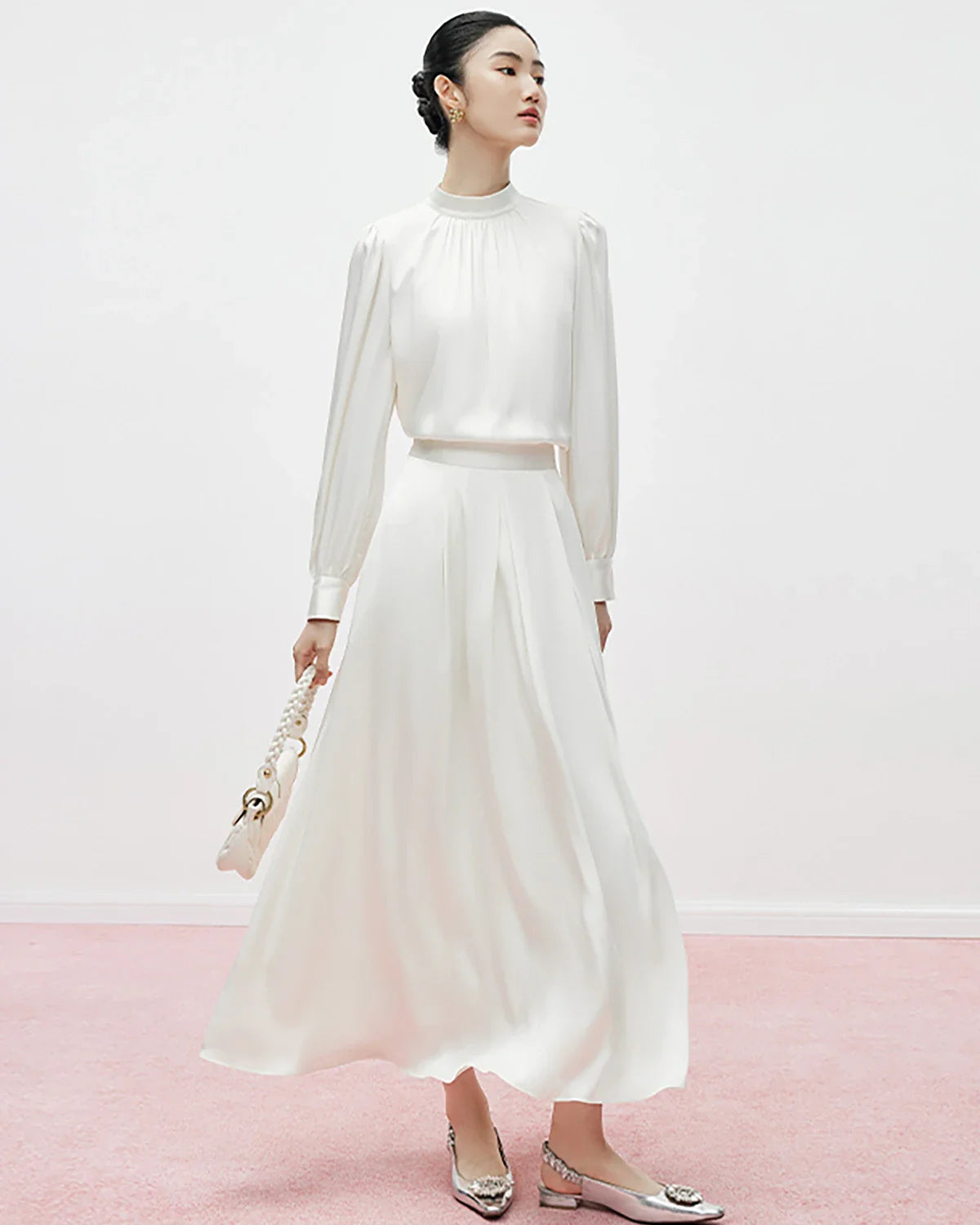 Silk Umbrella Pleated Maxi Skirt