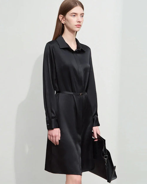 22 Momme Silk Belted Midi Dress Long Sleeve