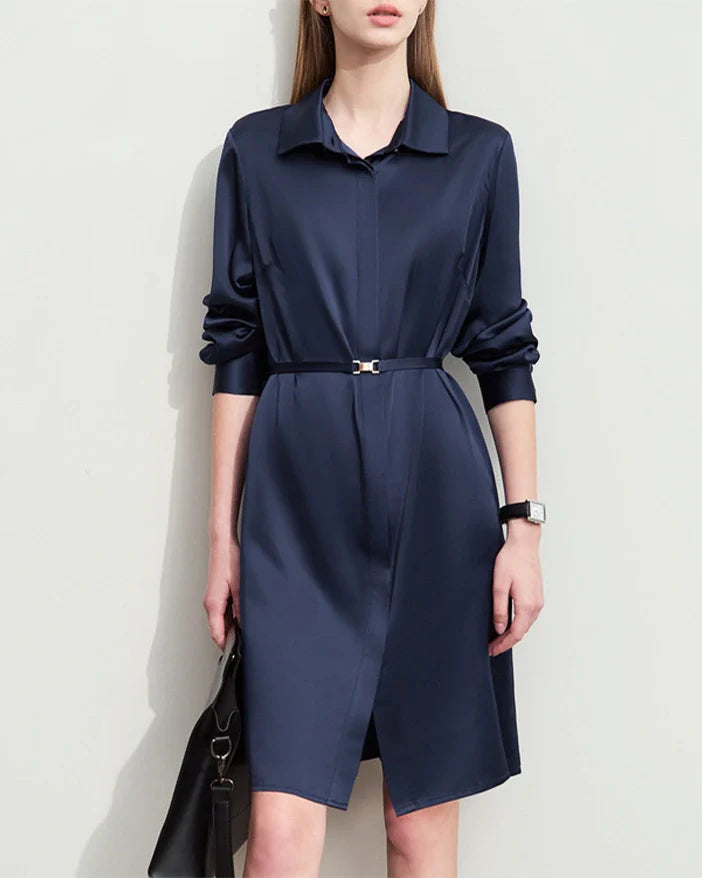 22 Momme Silk Belted Midi Dress Long Sleeve