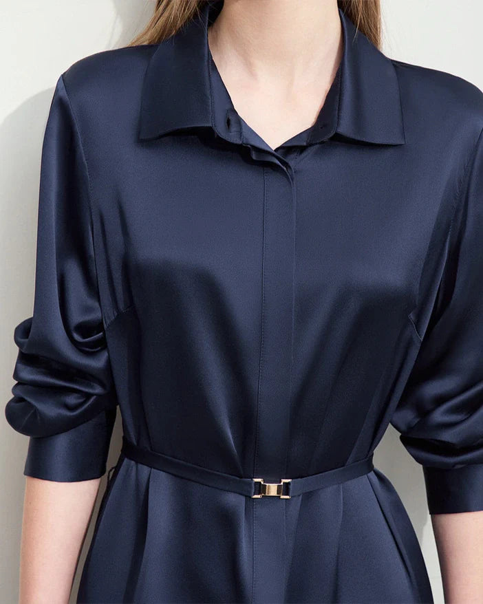 22 Momme Silk Belted Midi Dress Long Sleeve
