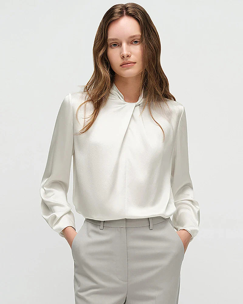 25 Momme Silk Knot Neck Long Sleeve Blouse